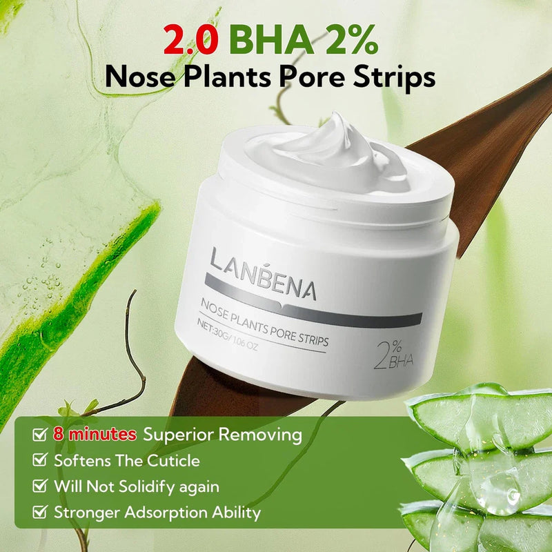 LANBENA 2.0 nose pore strips with salicylic acid, deep blackhead remover mask, applied to nose to clear pores and impurities.