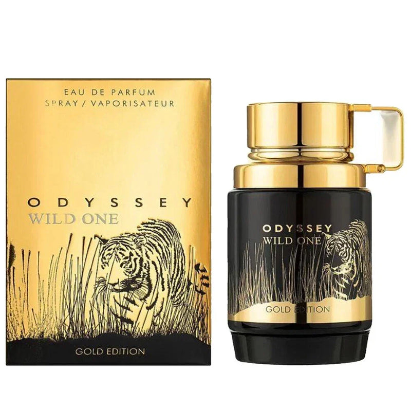 Armaf Odyssey Wild One Gold Edition Eau de Parfum for Men in a 3.4 oz bottle, featuring a sleek metallic gold design.