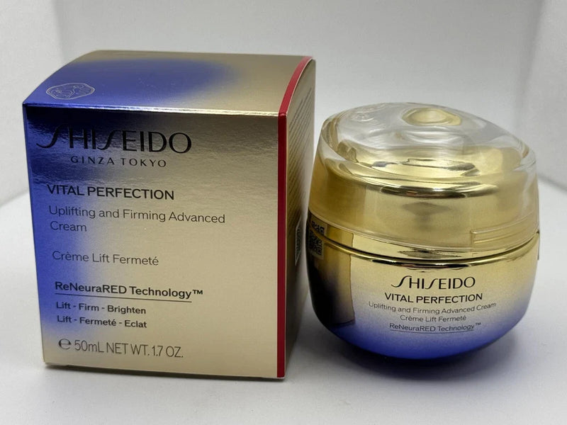 Shiseido Vital Perfection Advanced Cream in 1.7 oz jar, a luxurious uplifting and firming skincare product with a sleek design.