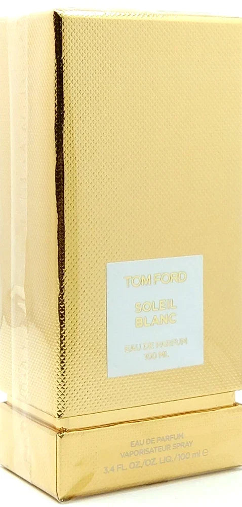 Tom Ford Soleil Blanc Eau de Parfum bottle from Spacewallart, 3.4 oz, sealed and new in box, featuring sleek design and elegant branding.
