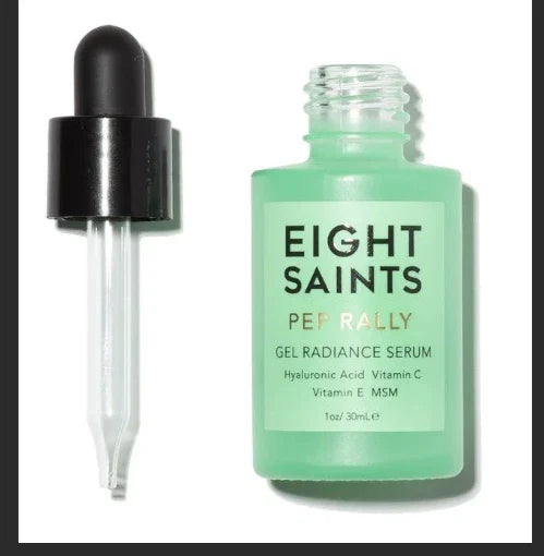 Spacewallart Eight Saints Pep-Rally Hyaluronic Acid Serum gel for face, 1 oz, hydrating skincare product with radiant glow.