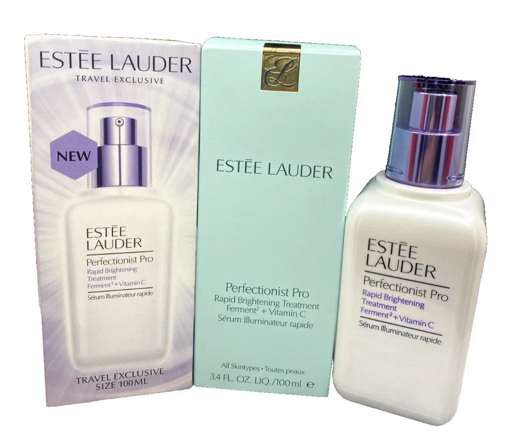 Estée Lauder Perfectionist Pro Rapid Brightening Treatment with Vitamin C in a 3.4 oz bottle, used for skin brightening and revitalization.