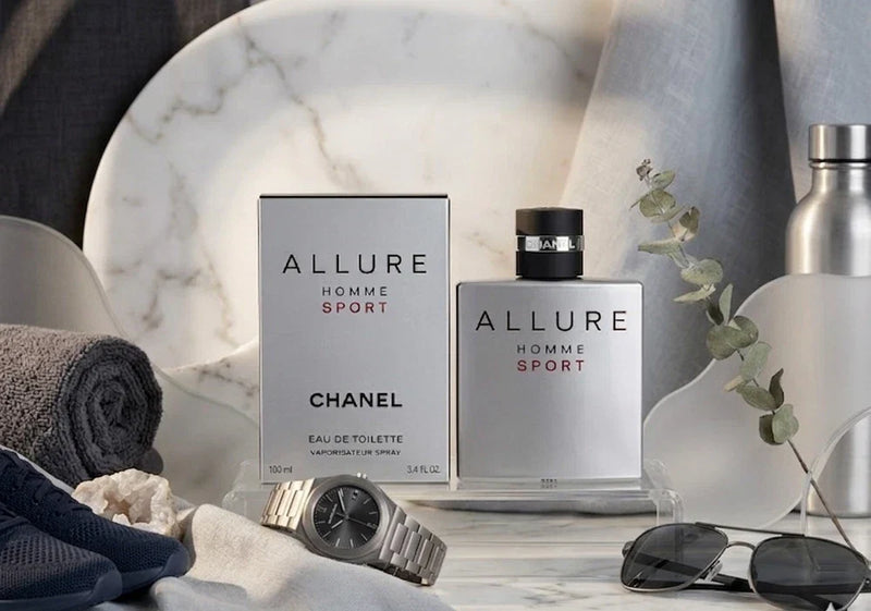 Chanel Allure Homme Sport Eau de Toilette for Men 3.4 oz bottle, sealed, with sleek packaging and branding details.