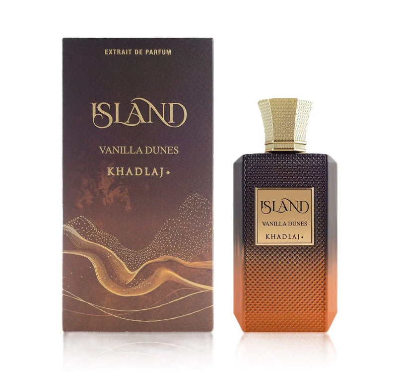 Khadlaj Island Vanilla Dunes Extrait de Parfum bottle showing amber-colored glass and elegant label, unisex vanilla amber fragrance.