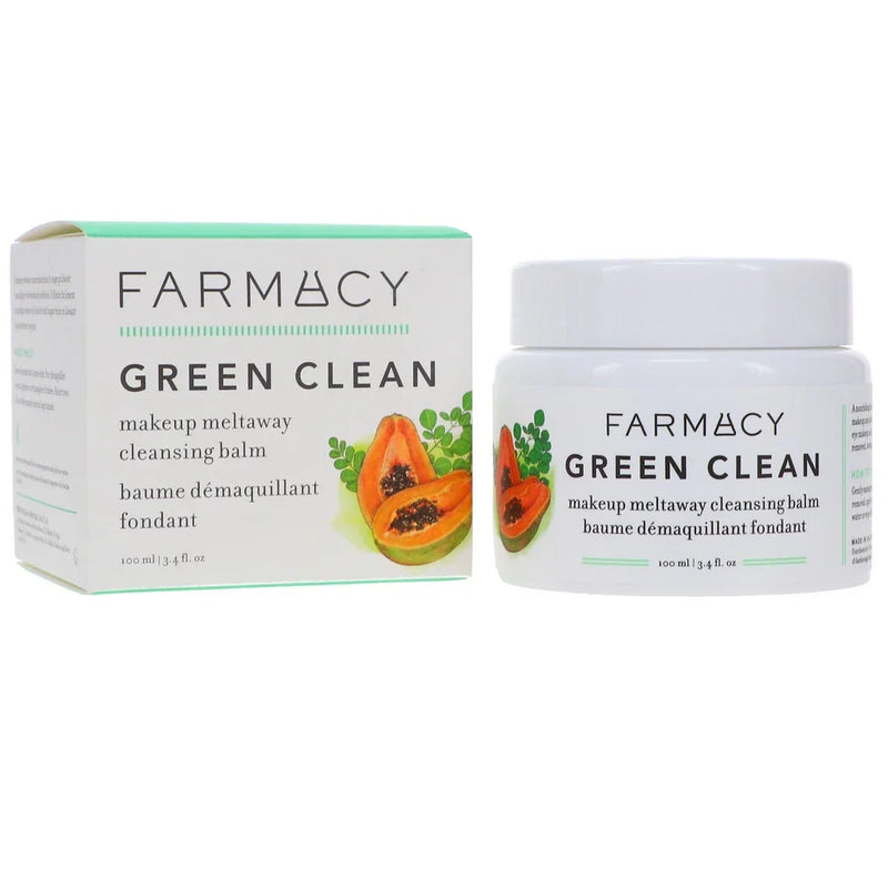 Farmacy Green Clean Makeup Meltaway Cleansing Balm in 3.4 oz jar, showing the green-tinted balm in a sleek container.