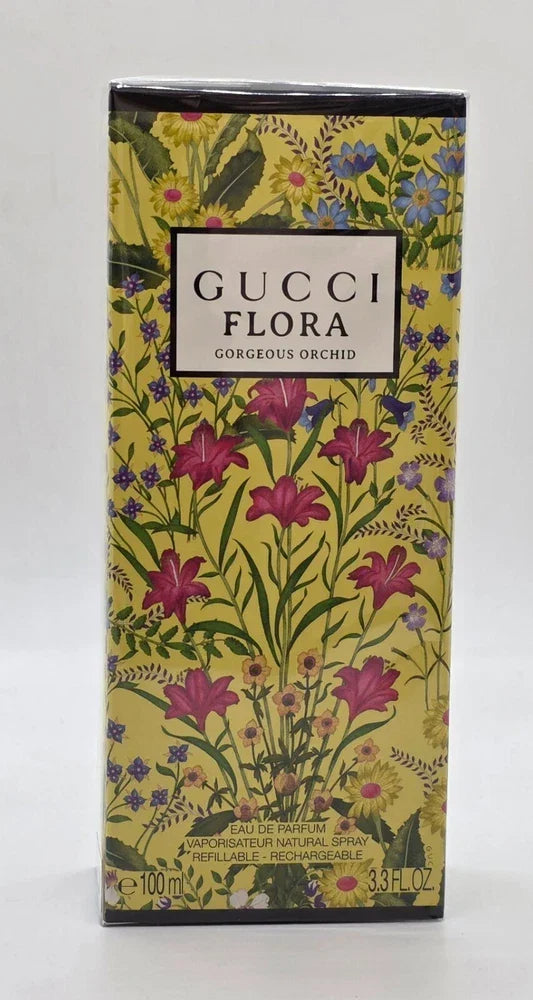Gucci Flora Gorgeous Orchid Eau de Parfum for Women in 3.3 oz bottle, featuring floral orchid design and elegant packaging.