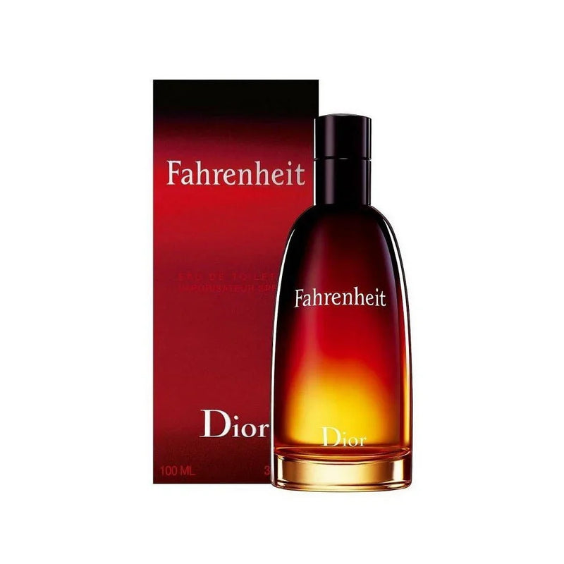 Christian Dior Fahrenheit Eau de Toilette for Men in 3.4 oz bottle, featuring sleek packaging and branding.