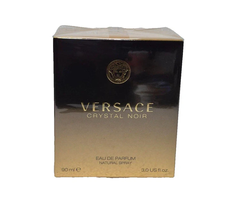 Sealed 3 oz Versace Crystal Noir Eau de Parfum for women in a clear glass bottle with a black cap, elegant and luxurious design.
