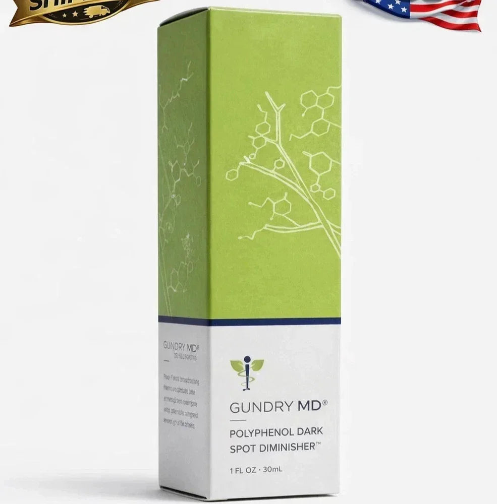 Gundry MD Polyphenol Dark Spot Diminisher Serum in 1 oz sealed bottle, beauty product with clear packaging and dropper applicator.