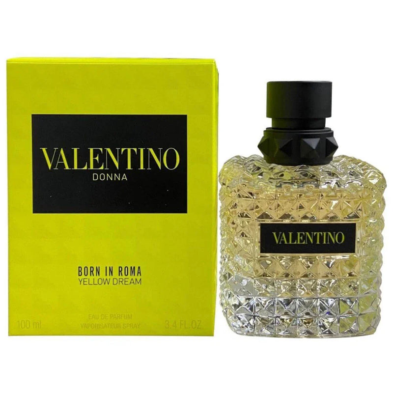 Valentino Donna Born In Roma Yellow Dream Eau de Parfum for Women in 3.4 oz bottle, featuring a sleek design and vibrant yellow accents.
