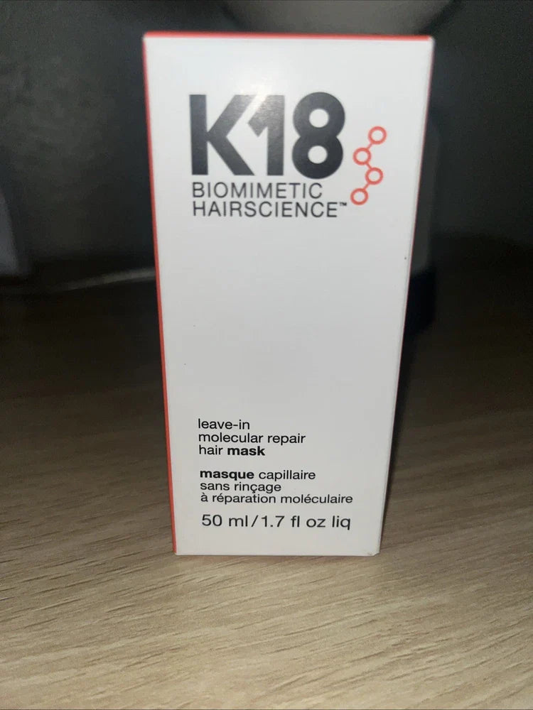 K18 Leave-In Molecular Repair Hair Mask in 1.7 fl oz bottle, designed for damaged hair repair and hydration.