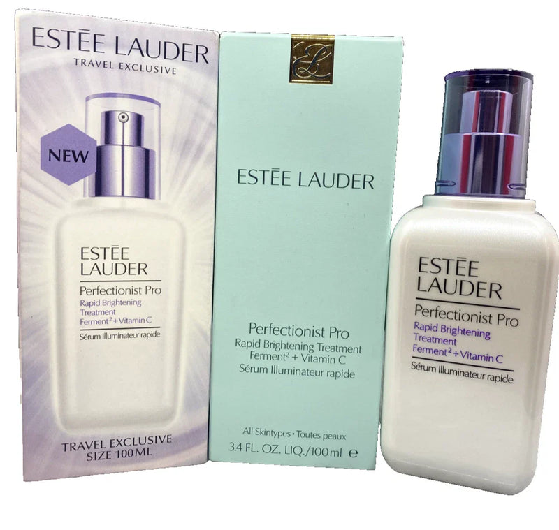 Estée Lauder Perfectionist Pro Rapid Brightening Treatment with Vitamin C in a 3.4 oz bottle, featuring a sleek skincare design.