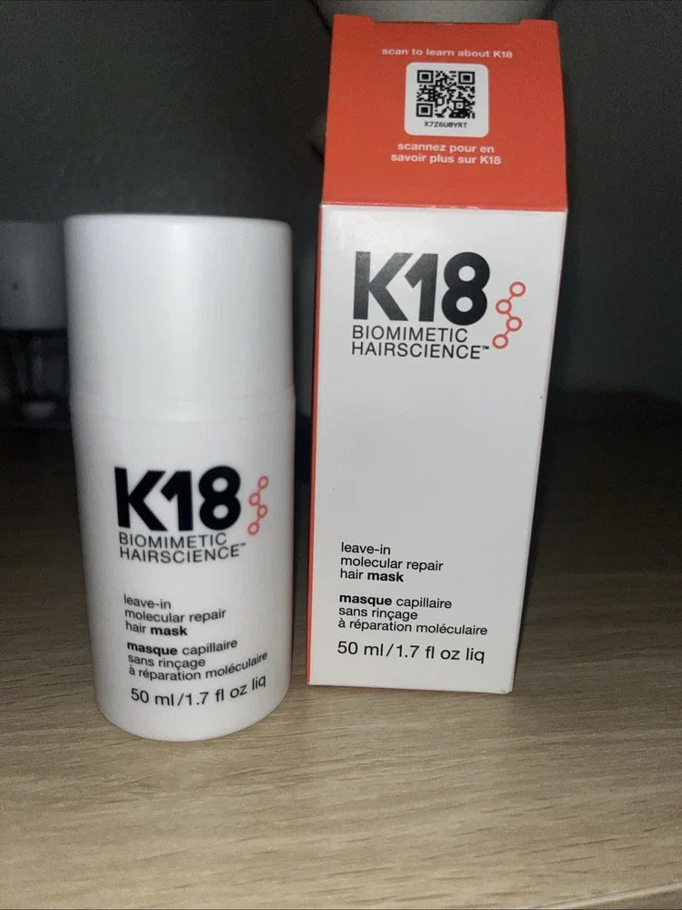 K18 Leave-In Molecular Repair Hair Mask in 1.7 fl oz container, designed to repair and strengthen damaged hair.