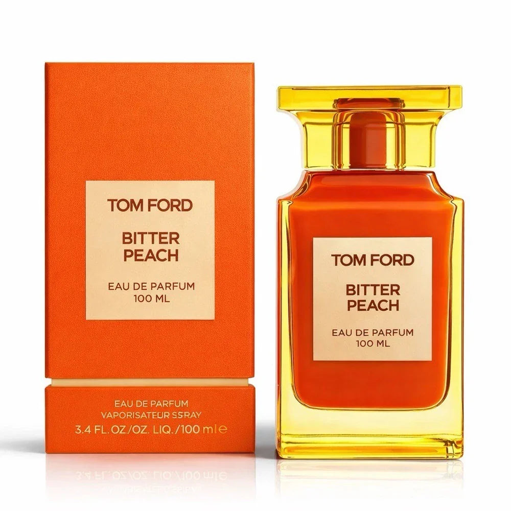 Tom Ford Bitter Peach Eau de Parfum bottle, 1.7 oz and 3.4 oz, new and sealed, featuring a sleek design in the image.
