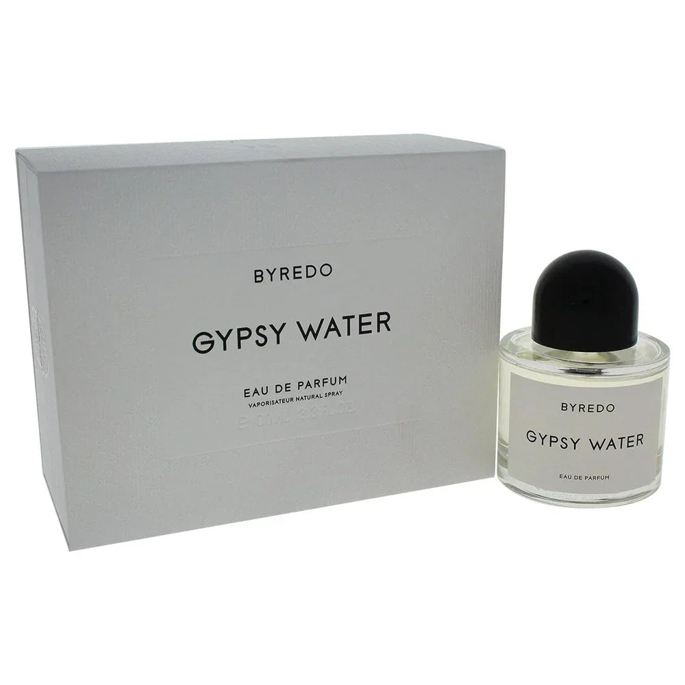 Byredo Gypsy Water unisex Eau de Parfum spray bottle, 3.3 oz, with elegant packaging and clear glass design.