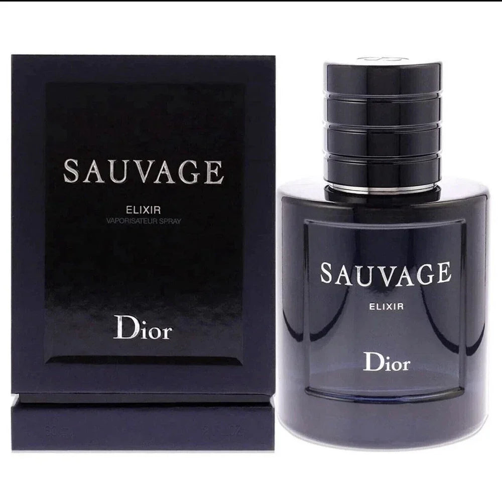 Christian Dior Sauvage Elixir for Men in 3.4 oz bottle, featuring sleek packaging and premium fragrance design.