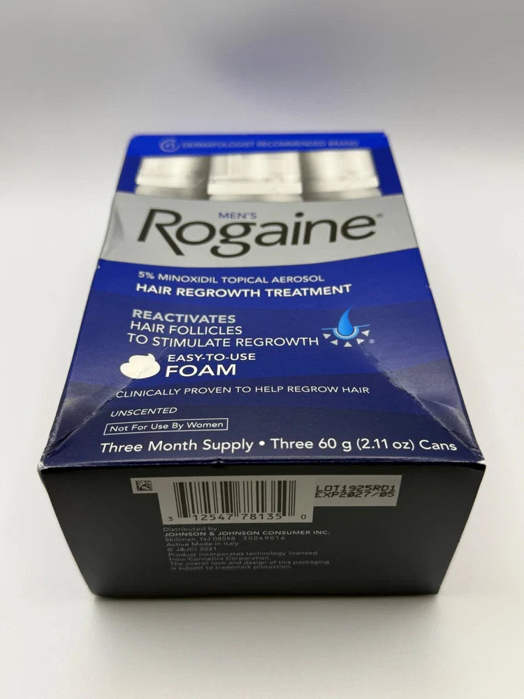 Men's Rogaine 5% Minoxidil foam by Spacewallart, 3-month supply, 3 x 60g, with bottle and foam applicator on a white background.