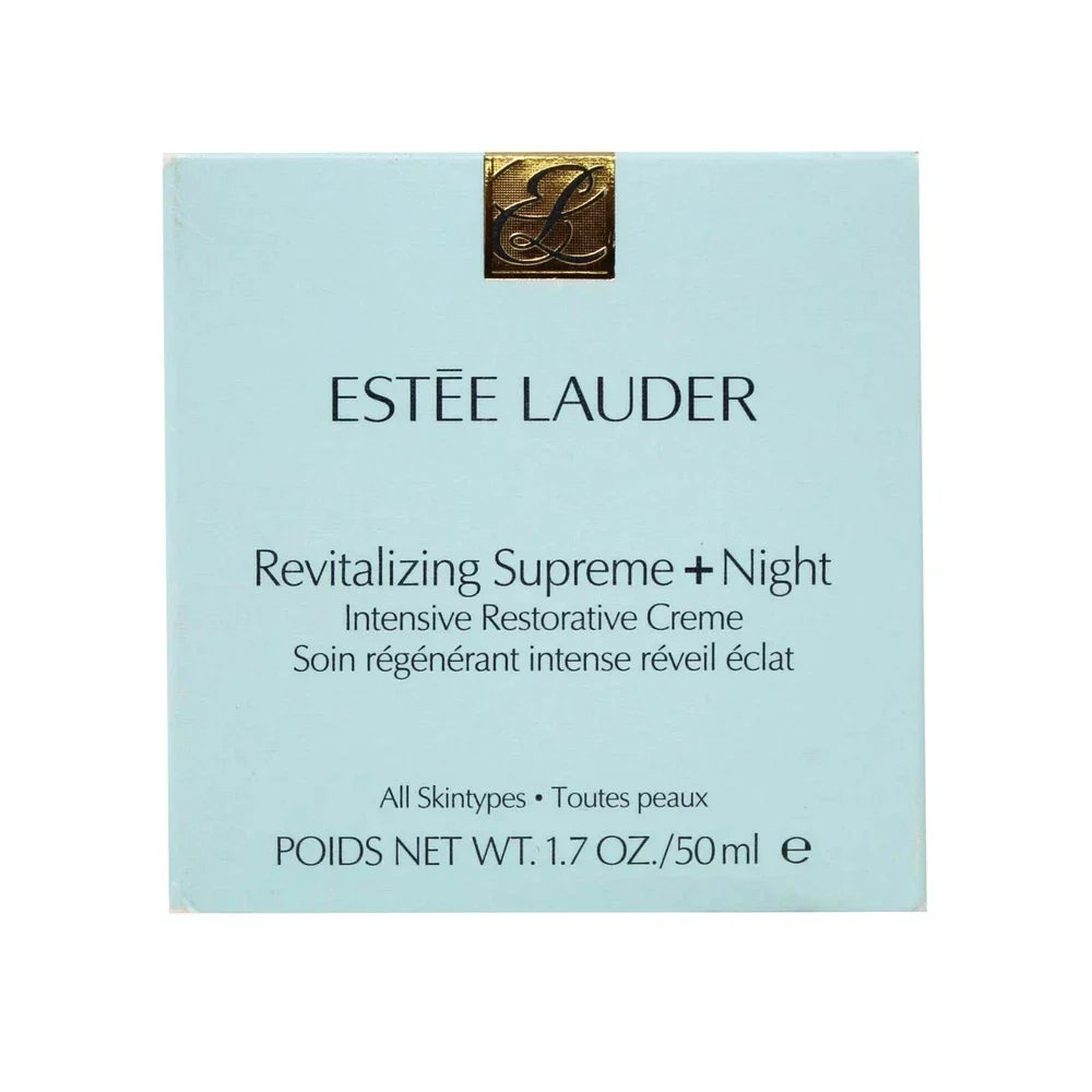 Estée Lauder Revitalizing Supreme+ Night Cream jar with cream visible, highlighting anti-aging skincare in a 1.7 oz container