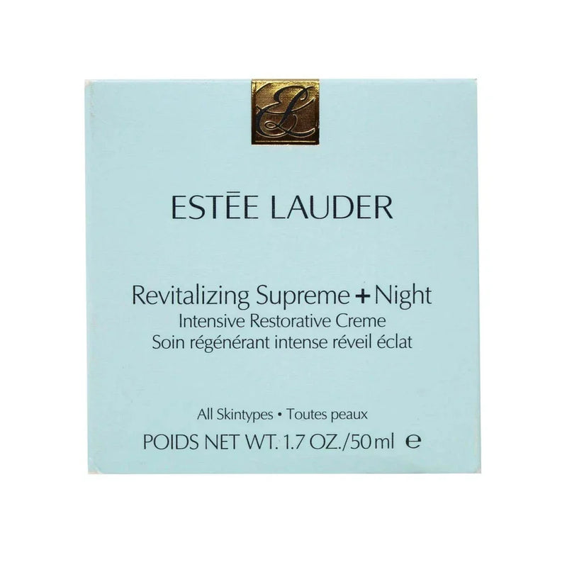 Estée Lauder Revitalizing Supreme+ Night Cream jar with cream visible, highlighting anti-aging skincare in a 1.7 oz container