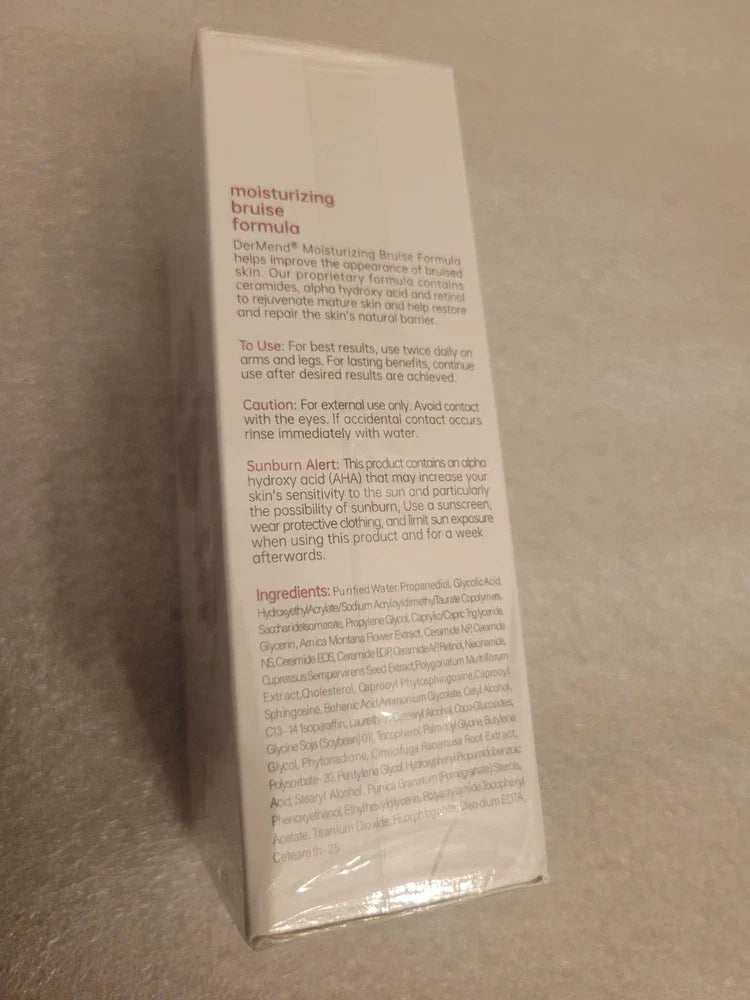 Dermend Moisturizing Bruise Formula Cream in 4.5 fl oz tube, featuring a white container with blue and green accents, on a white background.