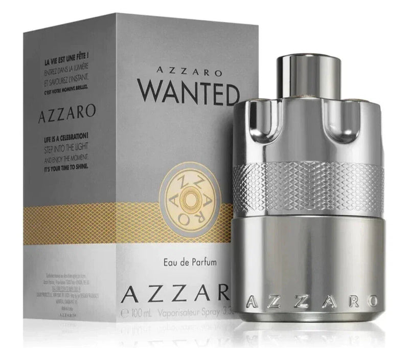 Azzaro Wanted Eau de Parfum spray for men, 100 ml, featuring a sleek bottle with a modern design and a dark, elegant cap.