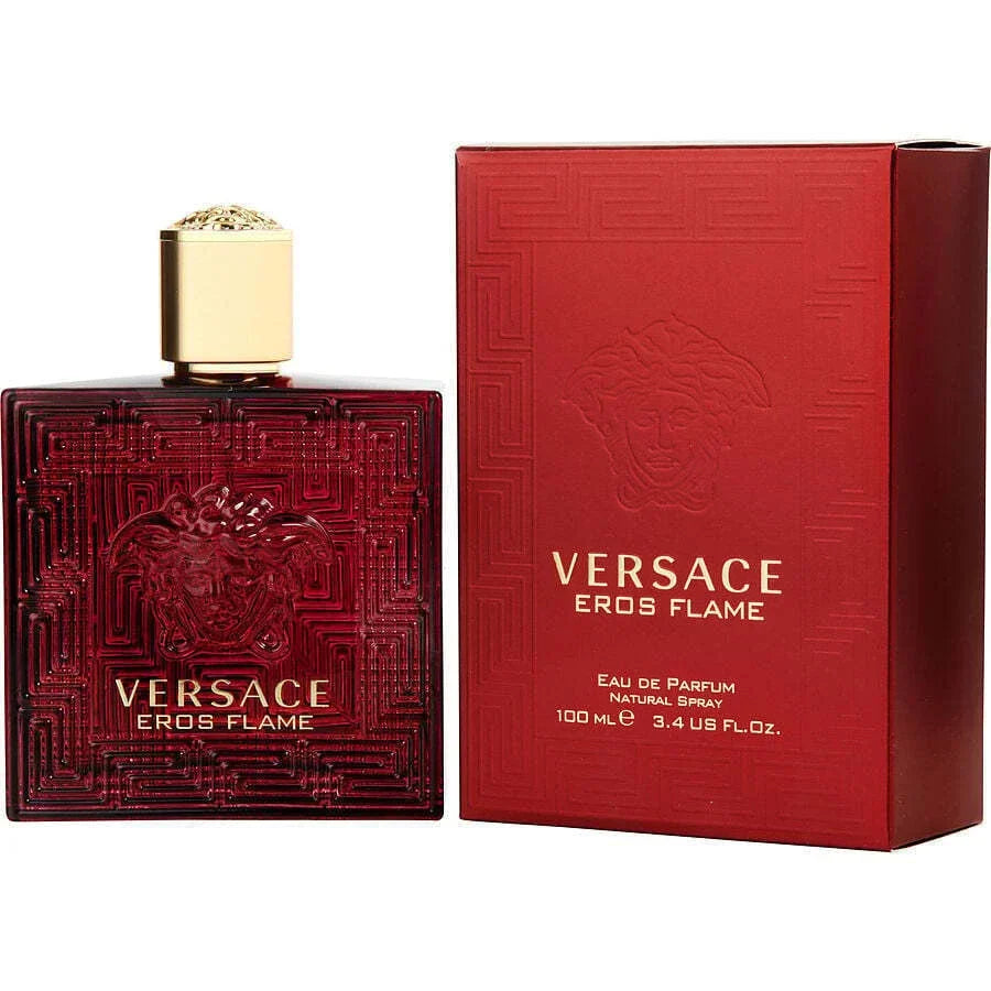Versace Eros Flame Eau de Parfum for Men, 3.4 oz, in box, featuring the distinctive bottle design and fiery color scheme.