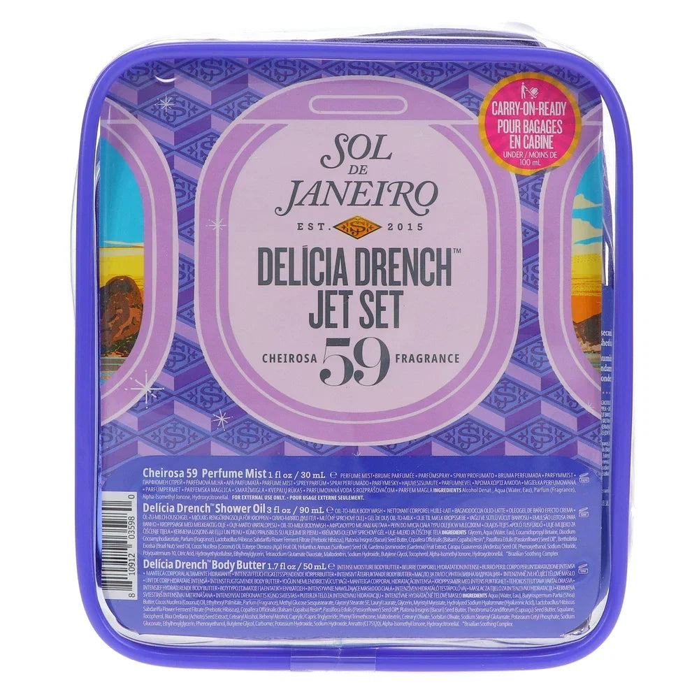 Travel size Sol de Janeiro Delicia Drench Jet Set beauty collection featuring deep moisturizing body care products in sleek packaging.