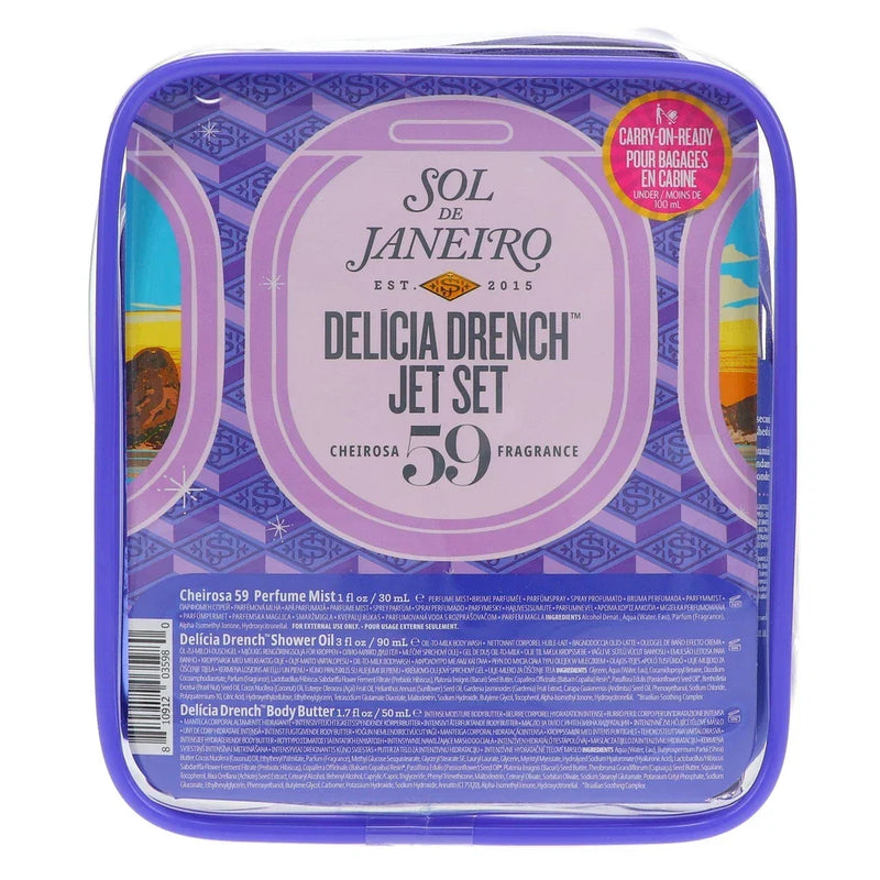 Travel size Sol de Janeiro Delicia Drench Jet Set beauty collection featuring deep moisturizing body care products in sleek packaging.