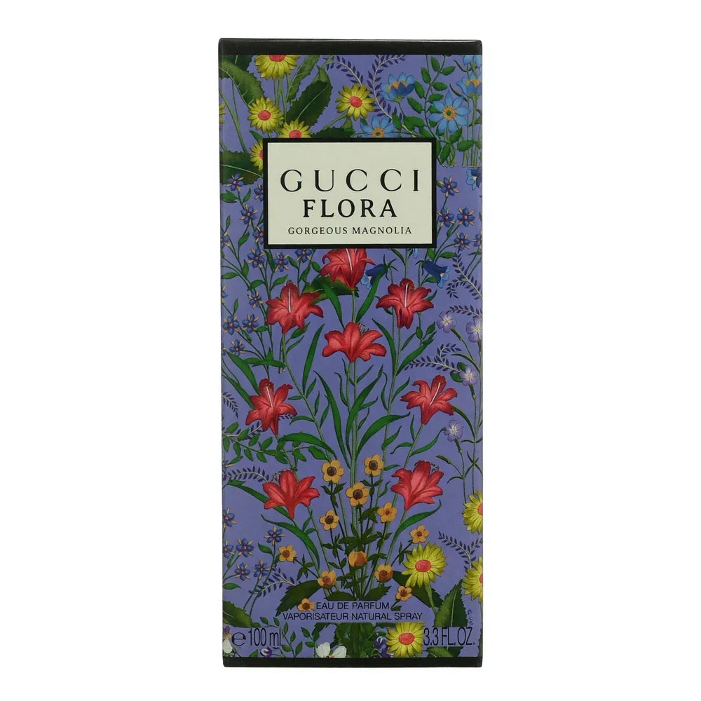 Gucci Flora Gorgeous Magnolia Eau de Parfum for women, 3.3 oz, with floral bottle design and elegant packaging.
