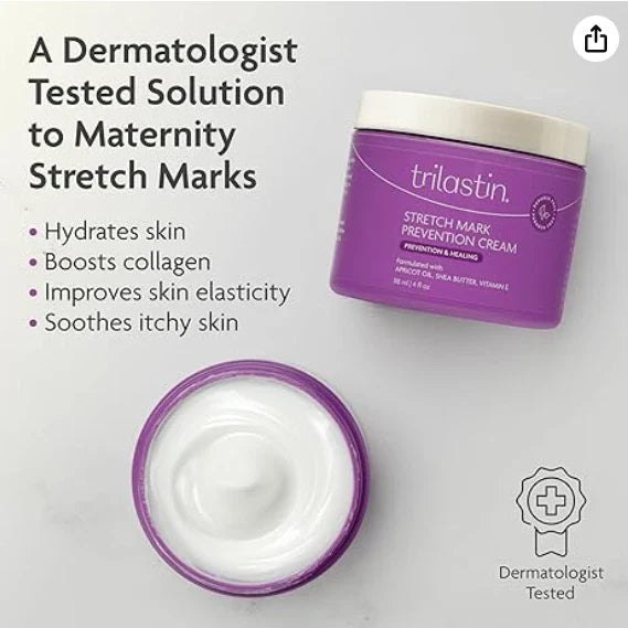 Spacewallart TriLASTIN maternity stretch mark prevention and healing cream in a 4 oz jar, with a smooth, white cream visible inside.
