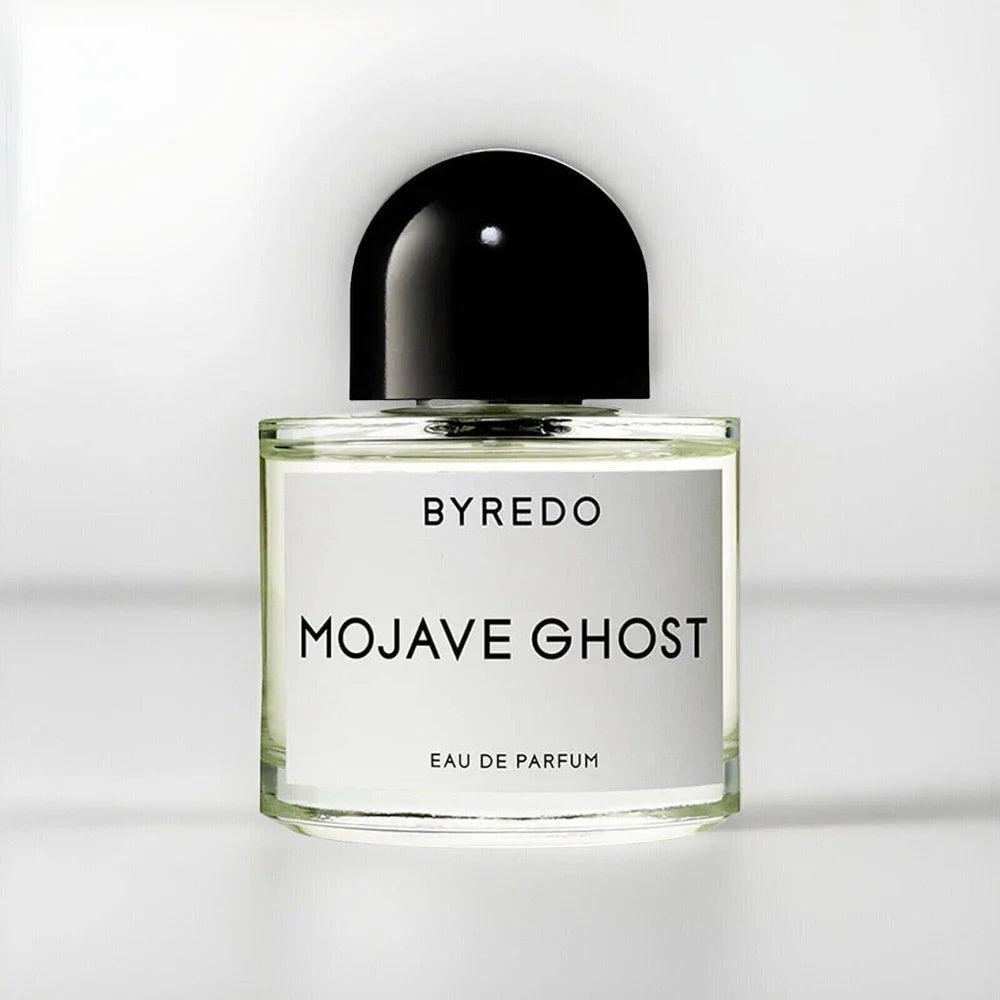 Byredo Mojave Ghost unisex Eau de Parfum 3.3 oz bottle with minimalist design and clear label, displayed on a neutral background.
