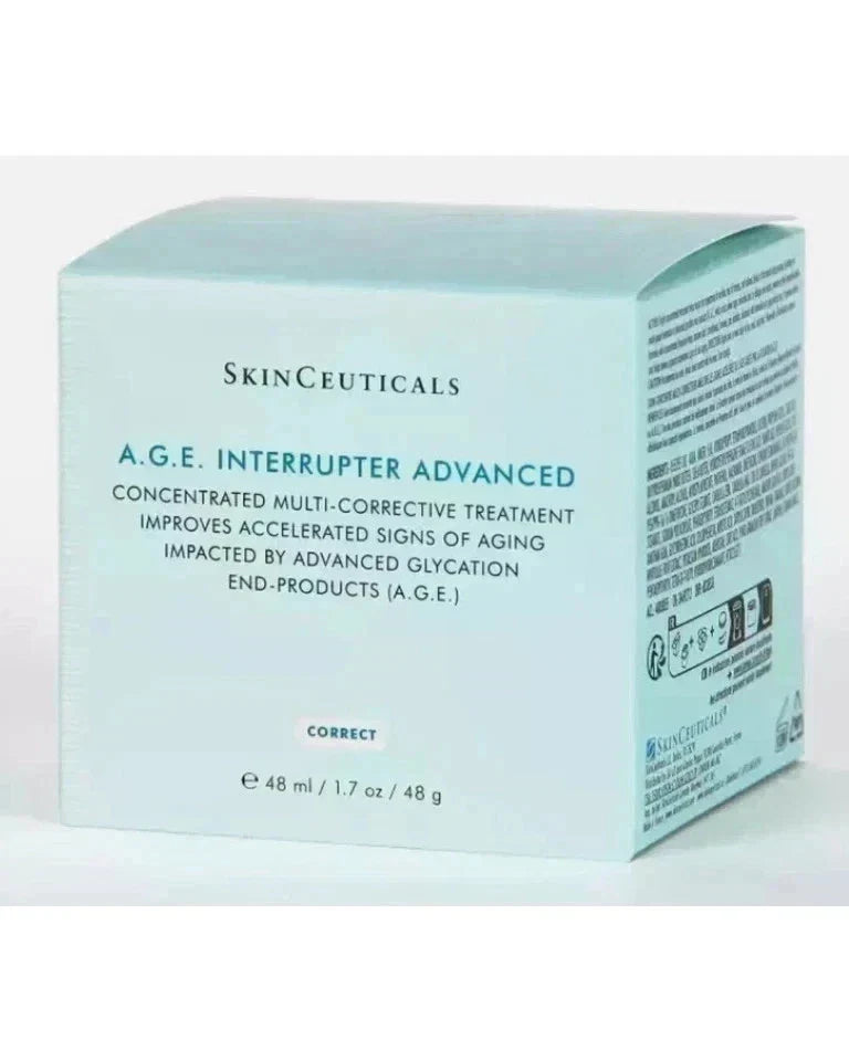 SkinCeuticals A.G.E. Interrupter Advanced Face Cream in 1.7 oz jar, showing smooth, luxurious skincare product with a sleek container.