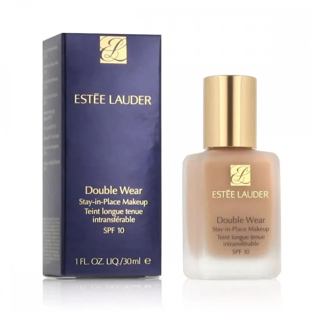 Estée Lauder Double Wear Stay-in-Place Foundation in Shade 4C1 Outdoor Beige, 1 oz bottle, with foundation swatch on skin