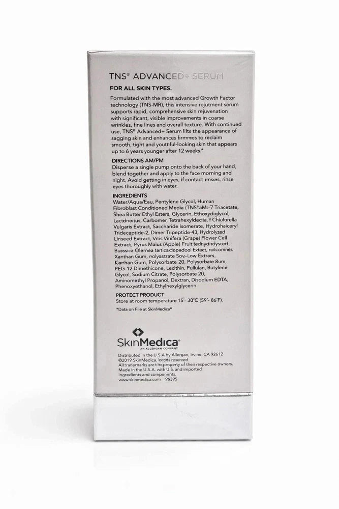 SkinMedica TNS Advanced+ anti-aging face serum in a 1 oz bottle, sealed, with a sleek design and clear branding on the packaging.