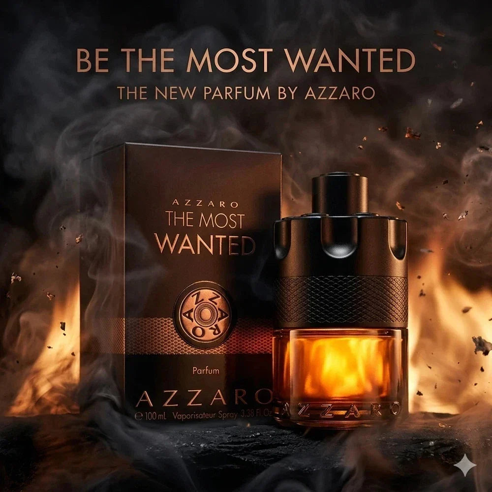 Azzaro The Most Wanted men's parfum spray bottle, 3.38 oz / 100 ml, with sleek design and elegant packaging.