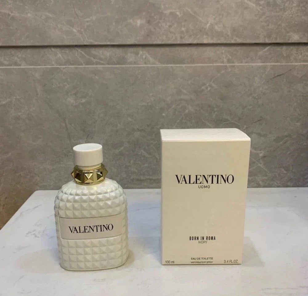 Valentino Uomo Born In Roma Ivory Eau de Toilette for Men in 3.4 oz bottle, sealed, featuring sleek white packaging and classic design.