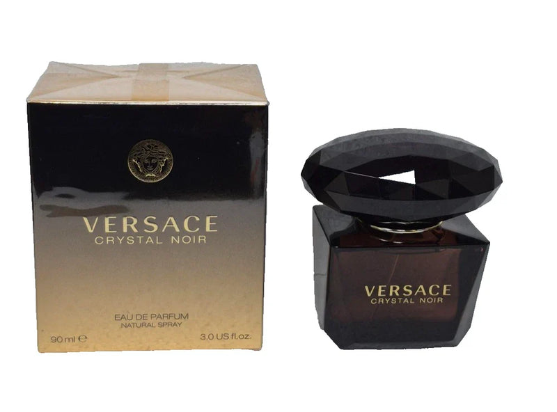 Sealed 3 oz Versace Crystal Noir Eau de Parfum for Women in a sleek black bottle with a textured cap.