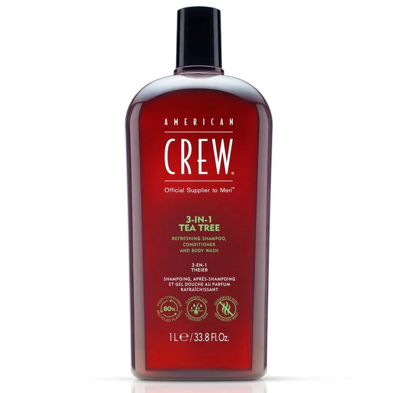 American Crew 3-in-1 Tea Tree Shampoo, Conditioner & Body Wash bottle, 33.8 fl oz, with green label and pump dispenser.