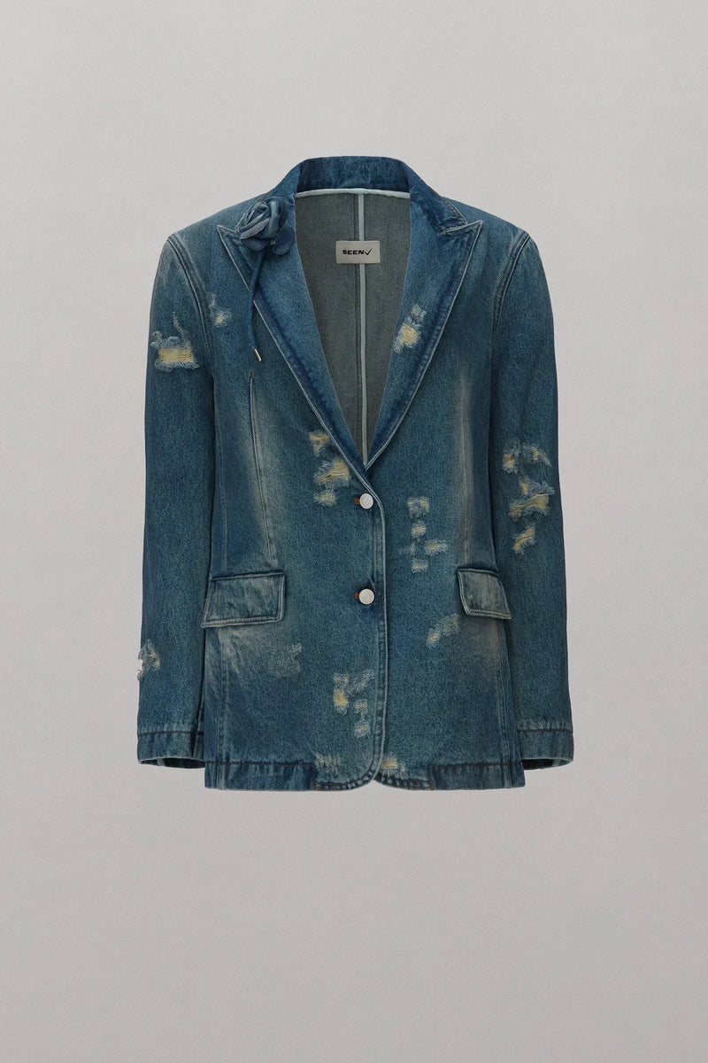 Spacewallart Chest Rose Denim Blazer shown on a hanger, featuring a classic denim design with chest pockets and rose-colored fabric.