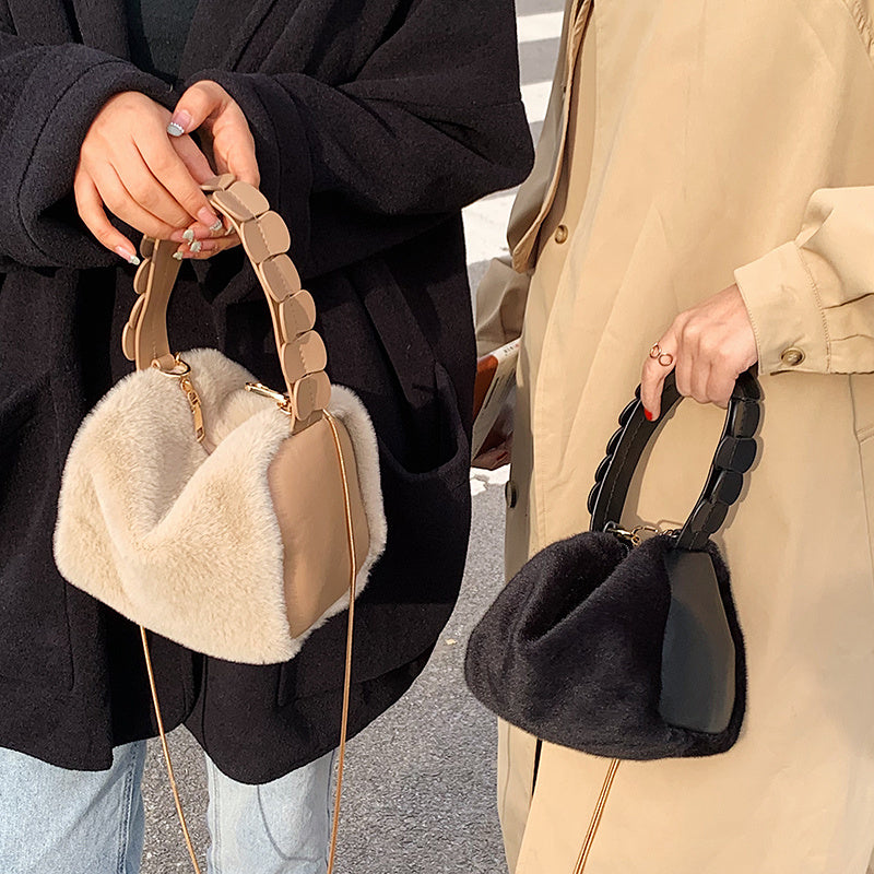 Small furry crossbody bag from Spacewallart featuring soft fur material and compact design, perfect for accessories and casual wear.