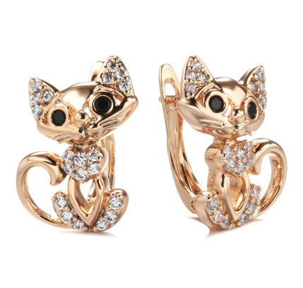 Purple gold temperament cat earrings with fine zircon embellishments, elegant accessories by Spacewallart.