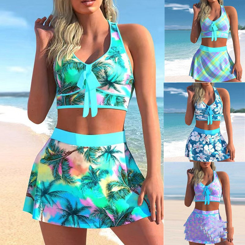 Spacewallart split swimwear apparel featuring a stylish, colorful design on a woman wearing a two-piece swimsuit.