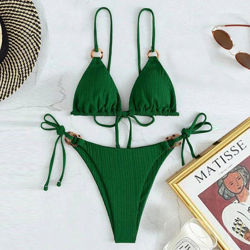 Solid color strap bikini two-piece swimsuit by Spacewallart, featuring a stylish and comfortable design for beach or pool.
