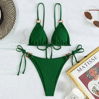 Solid color strap bikini two-piece swimsuit by Spacewallart, featuring a stylish and comfortable design for beach or pool.