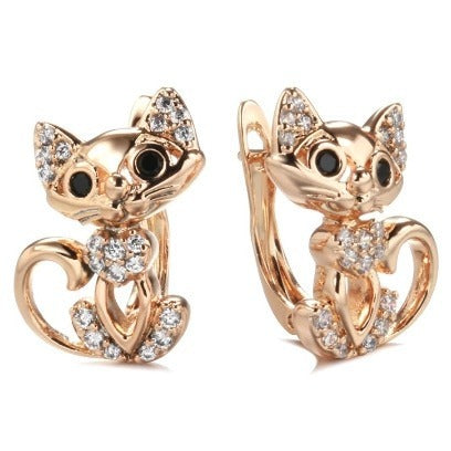 Purple gold temperament cat earrings with fine zircon embellishments, stylish accessories by Spacewallart.