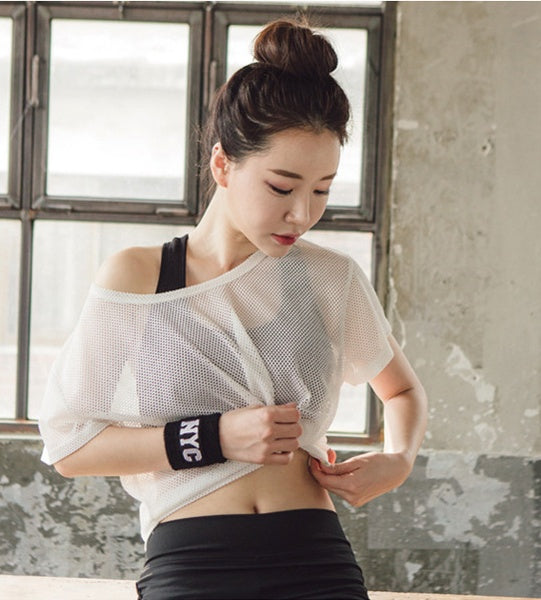 Spacewallart hollow out mesh blouse crop top featuring a stylish, breathable design with a semi-sheer mesh fabric and crop length.
