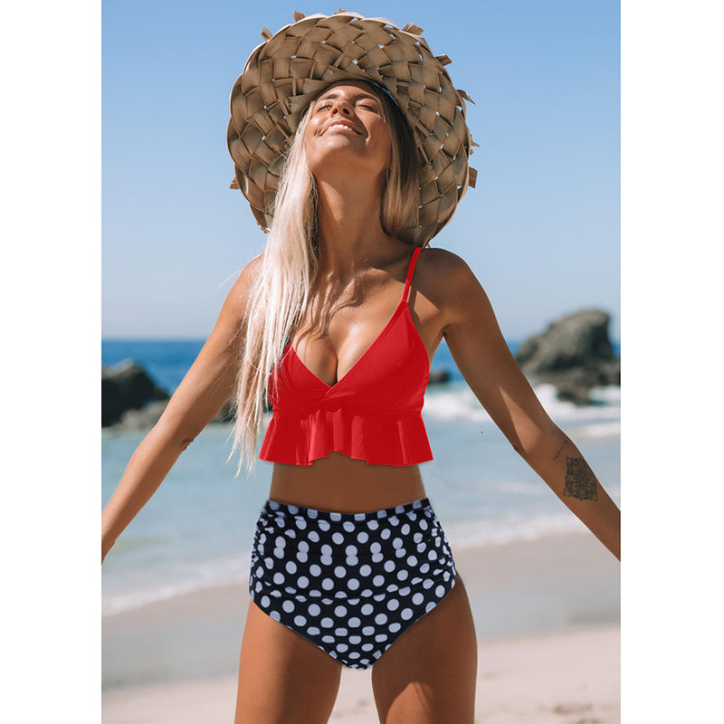 Ruffled blue swimwear from Spacewallart featuring a stylish design, perfect for beach or poolside lounging.