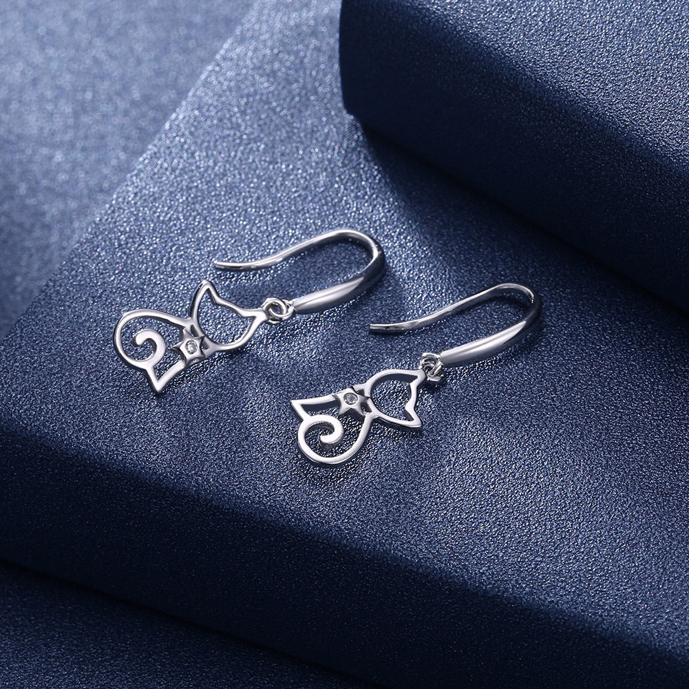 Sterling silver cat zircon earrings with sparkling gemstones, stylish accessories from Spacewallart.