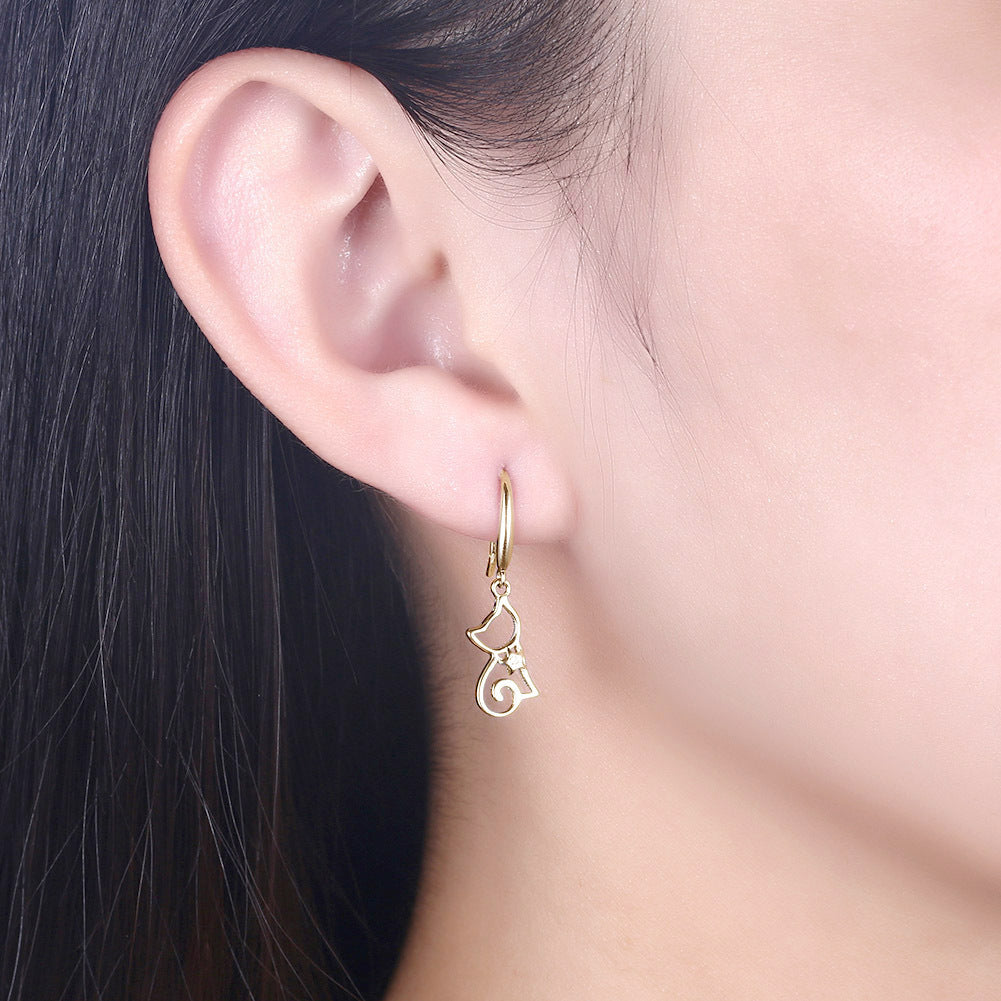 Sterling silver cat zircon earrings with sparkly stones, stylish accessories from Spacewallart, displayed on a white background.