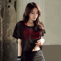 Spacewallart hollow out mesh blouse crop top, stylish apparel with a see-through mesh design and cut-out details, perfect for trendy outfits.